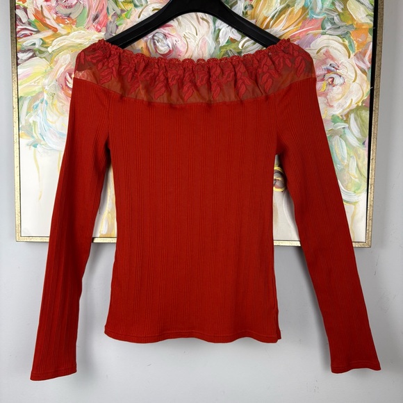 Free People Red Ribbed Lace Off Shoulder Long Sleeve Top Size L - Picture 5 of 12